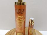 a close up of a bottle of body lotion on a wooden tray