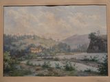 tableau représentant une vue sur une rivière avec une maison au loin