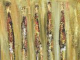 painting of a group of people standing in a line in front of a green background
