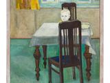 tableau représentant une salle à manger avec une table, des chaises et un vase posé sur la table