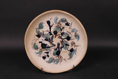a plate with a design of flowers and birds on it