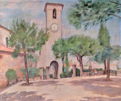 une peinture d'un bâtiment avec une tour d'horloge en arrière-plan