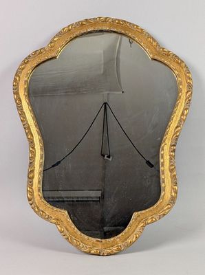an image of a gold framed mirror with a bridge in the background