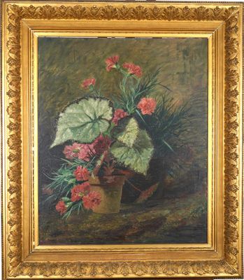 an oil painting of a potted plant with pink flowers in it
