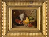 tableau représentant une nature morte composée de légumes et de fruits, dans un cadre doré