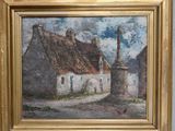 an oil painting of a village scene in a gold frame on a wall