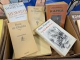 several books are in a cardboard box on a table