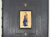 un vieux livre avec l'image d'une femme en robe bleue