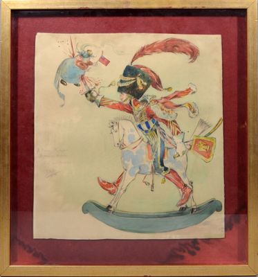 tableau représentant un homme sur un cheval à bascule, avec un oiseau sur l'épaule