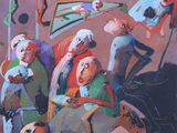 a painting of a group of people sitting on a couch