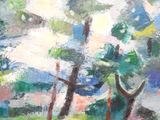 a painting of trees in a field with a house in the background