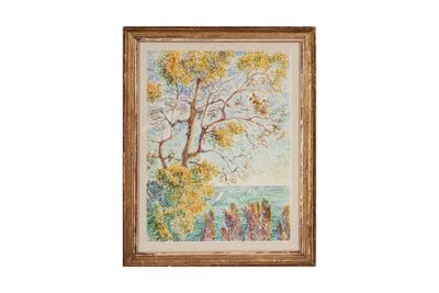 une peinture à l'huile représentant un arbre sur lequel est perché un oiseau