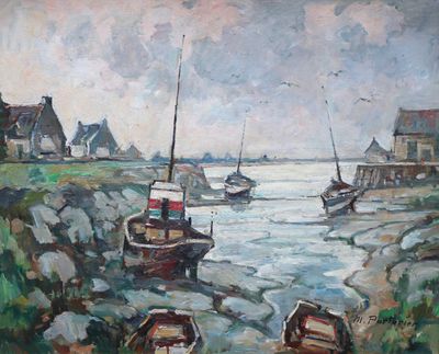a painting of boats on the shore of the water