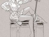 drawing of a woman sitting on top of a suitcase with a hat on