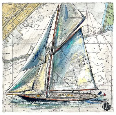 dessin d'un voilier sur une carte, avec une ville en arrière-plan