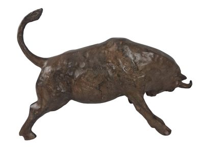 statue of a running bull on a white background