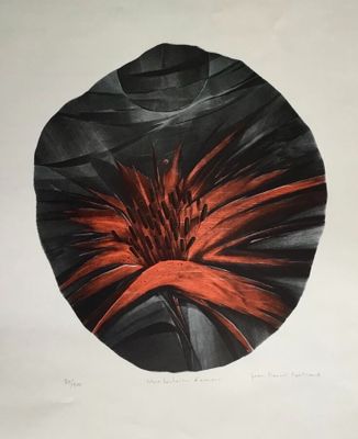 an image of a black and red flower on a white background