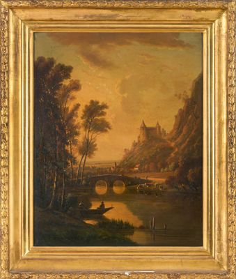 un tableau représentant un paysage fluvial avec un pont et un château au loin