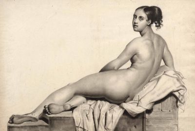 a drawing of a nude woman sitting on top of a box