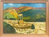 painting of a painting of a city with a mountain in the background