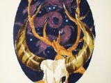 an illustration of a picture of a deer ' s head in a circle with stars in the background