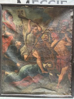 une image représentant un tableau où l'on voit un homme tenant une épée devant un groupe de personnes