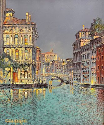 tableau représentant un canal avec, en arrière-plan, des bâtiments et un pont