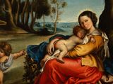 an image of a painting of a woman holding a baby in a wooded area