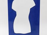 a blue and white sculpture of a woman ' s torso on a stand