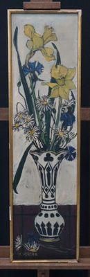 a picture of a painting of flowers in a vase on a easel