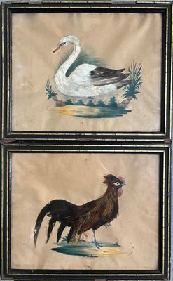 LOT de deux encadrés représentant un cygne et un coq en plum…