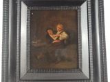 un vieux tableau représentant une femme assise dans un fauteuil en train de lire un livre