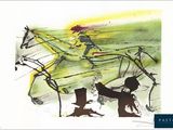 un dessin représentant un homme à cheval dans un champ