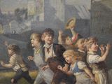a painting of a group of children playing in a field