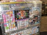 a cart with many items in it in a warehouse