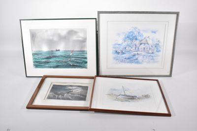 three framed pictures of a boat and a boat in the water