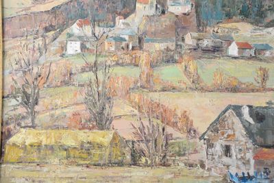 a painting of a farm in the middle of a field