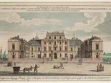 dessin représentant un grand bâtiment devant lequel se trouve une calèche