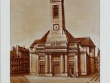 tableau représentant une église avec une tour horloge en son centre