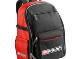 red and black wheeled backpack with a logo on the front