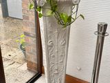 une plante posée sur un socle près d'une fenêtre
