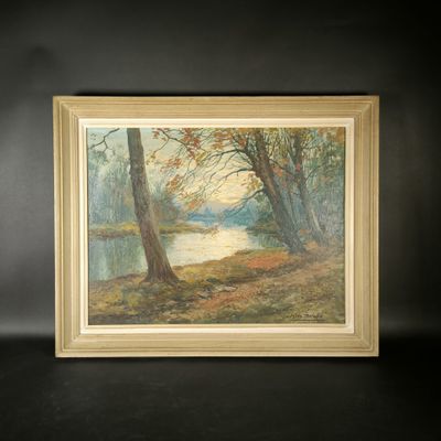 an oil painting of a river in a wooded area with trees