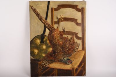 un tableau représentant un faisan posé sur une chaise, à côté d'un bol de fruits