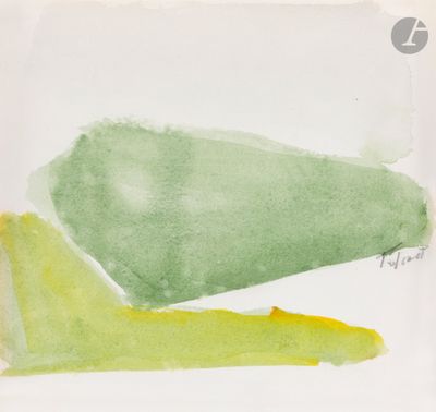 aquarelle représentant des formes vertes et jaunes sur fond blanc
