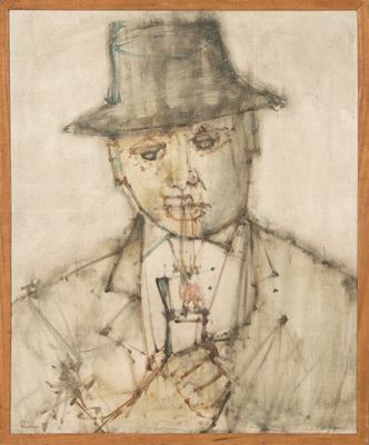 tableau représentant un homme coiffé d'un chapeau et tenant une cigarette à la bouche