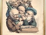 an old painting of a group of men sitting around each other
