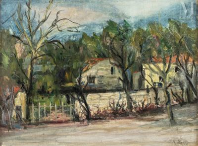 peinture représentant une peinture d'une maison et d'arbres dans un champ