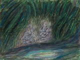 une image représentant une peinture d'une cascade dans une forêt