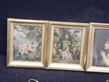 three framed pictures of a woman and a child on a blue background