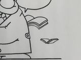 dessin représentant un homme en costume-cravate tenant un livre et un chat